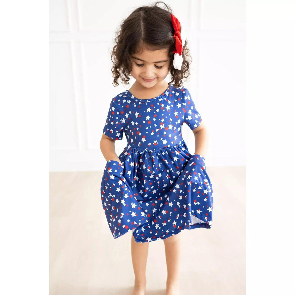 Star Bright Short Sleeve Pocket Twirl Dress | Girls Red, White, and Blue Dress - becauseofadi