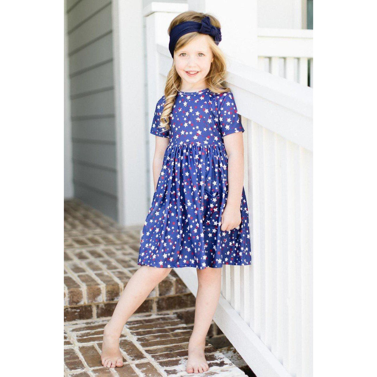 Star Bright Short Sleeve Pocket Twirl Dress | Girls Red, White, and Blue Dress - becauseofadi