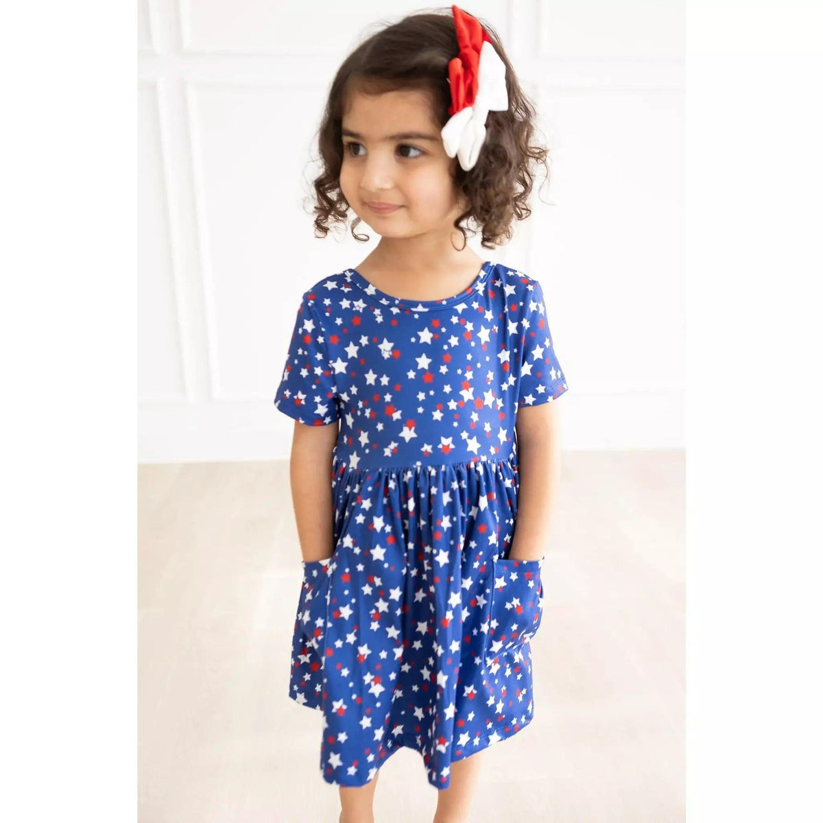 Star Bright Short Sleeve Pocket Twirl Dress | Girls Red, White, and Blue Dress - becauseofadi