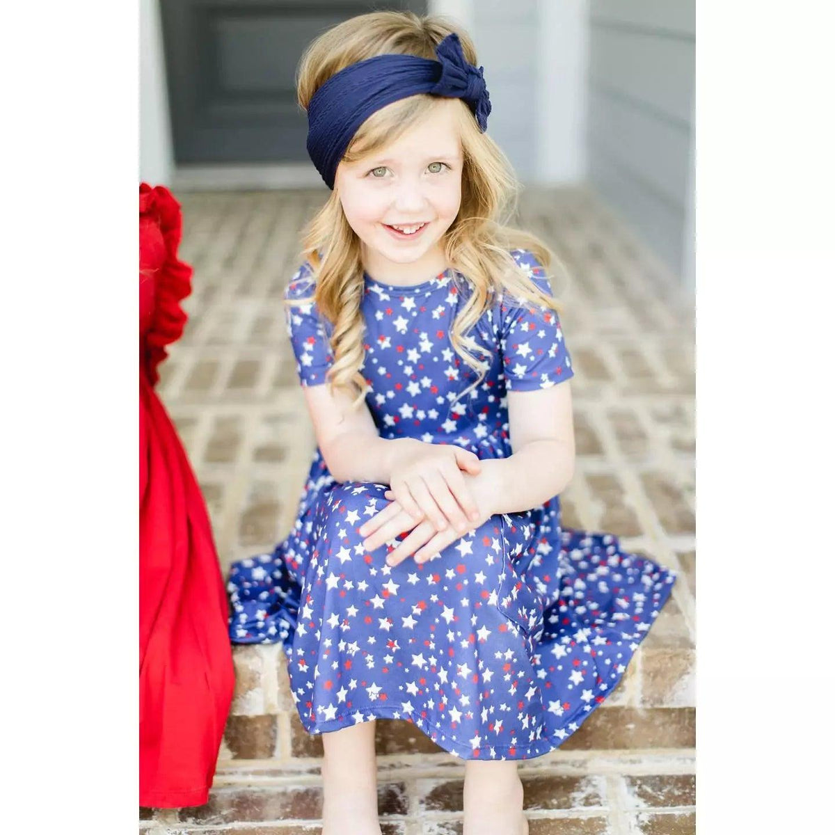 Star Bright Short Sleeve Pocket Twirl Dress | Girls Red, White, and Blue Dress - becauseofadi