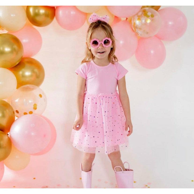 Pink Star Short Sleeve Dress | Kids Pink Sparkly Dress | Birthday Party Dress | Sweet Wink - becauseofadi